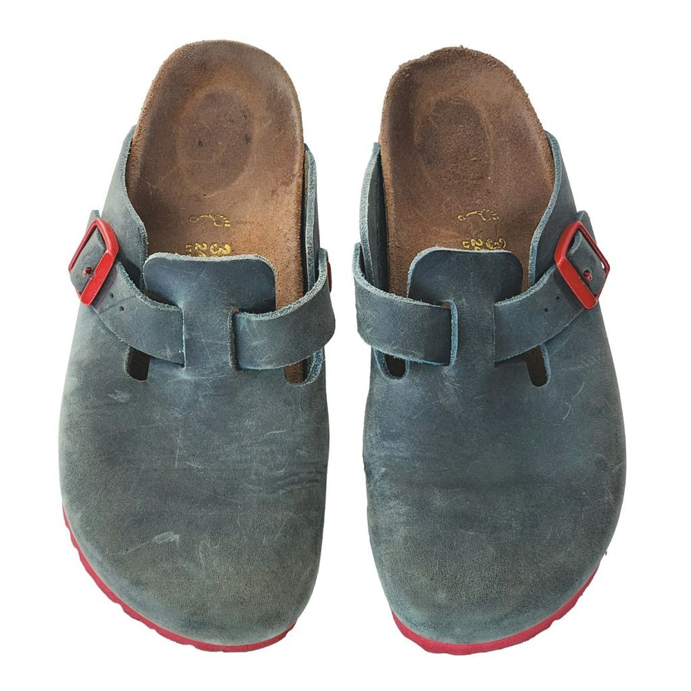Birkenstock Gray Blue Clogs with Red soles & buckles